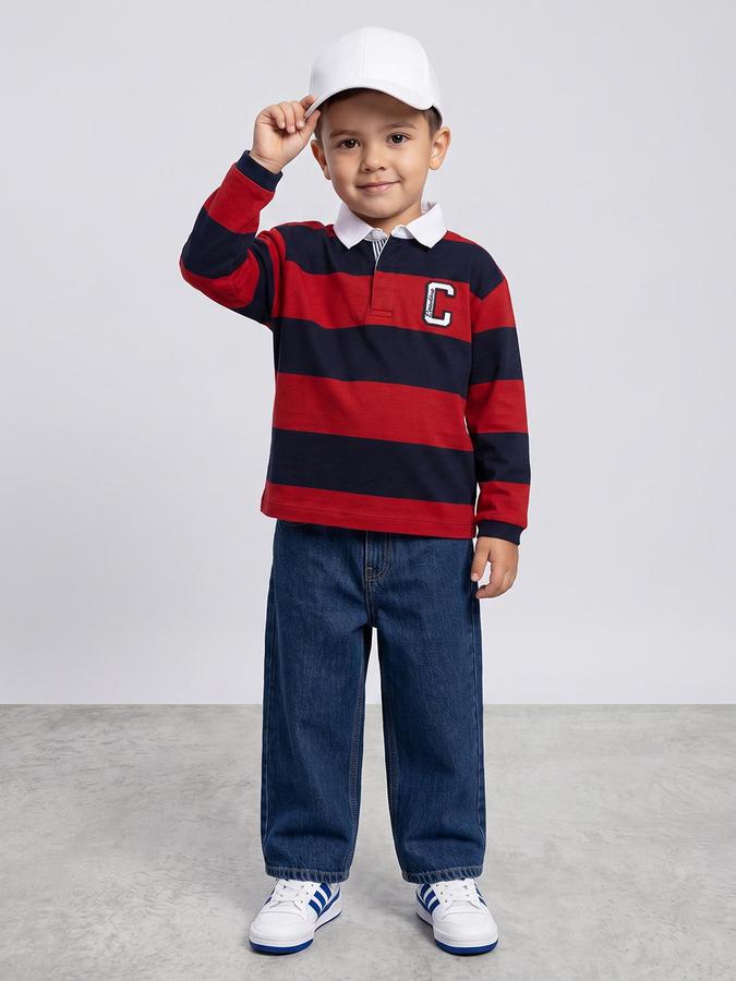 R&B Boys Red Striped Long Sleeves Polo Collar Pure Cotton T-Shirt