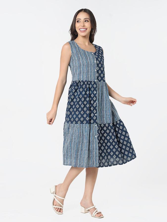 R&B Women Blue Patchwork Sleeveless Round Neck Midi A-Line Dress