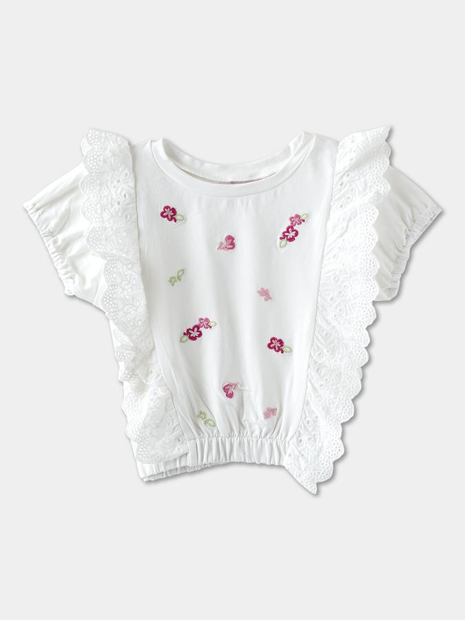Girls Floral Embroidered Ruffled Sleeve Crew Neck Top