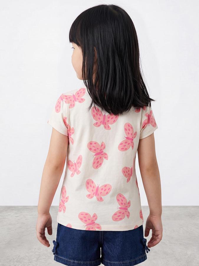 R&B Girls Beige Butterfly Print Short Sleeves Round Neck Pure Cotton T-Shirt