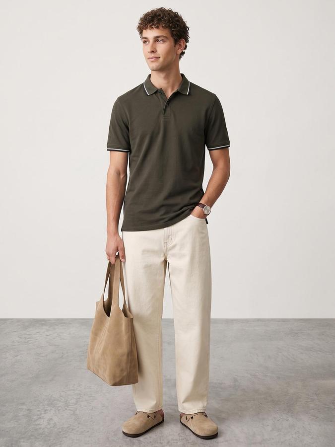 R&B Men Olive Textured Short Sleeves Polo Collar T-Shirt