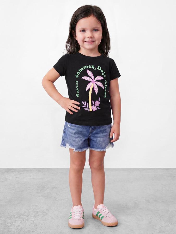 R&B Girls Black Beach Print Short Sleeves Round Neck Pure Cotton T-Shirt