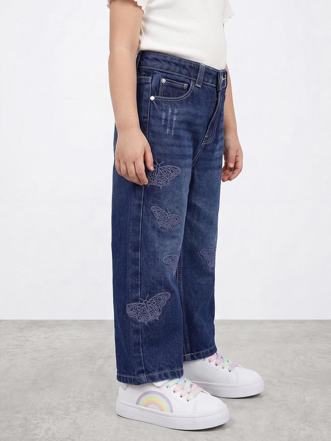R&B Girls Blue Straight Fit Butterfly Pattern Denim Jeans