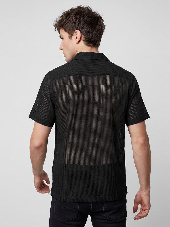 R&B Black Textured Men Cuban Collar Short Sleeves Shirt