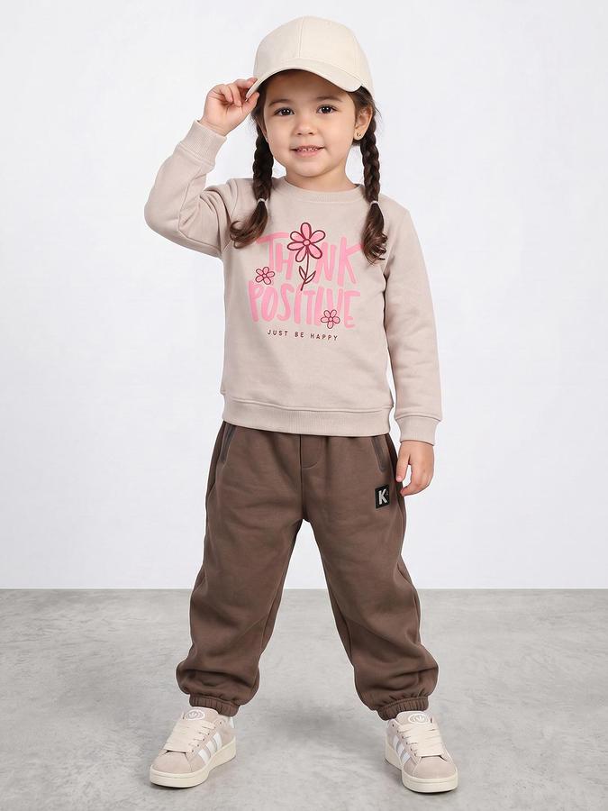 R&B Girls Beige Typography Print Round Neck Long Sleeves Sweatshirt