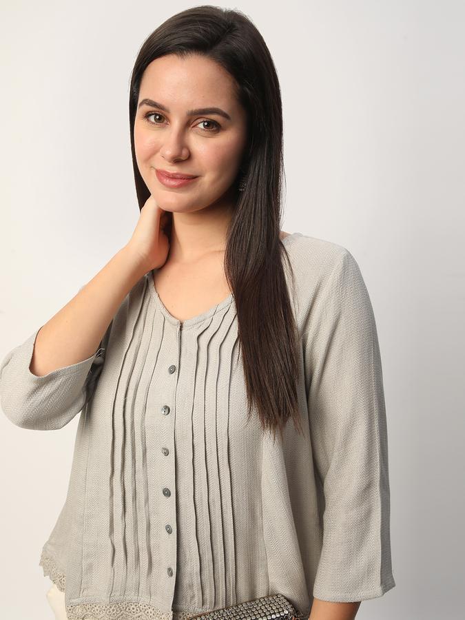 Women Cotton Relaxed Fit V-Neck Pintuck Ethnic Top