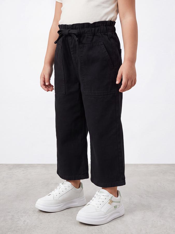 R&B Girls Black Solid Pure Cotton Wide Leg Mid Rise Trousers
