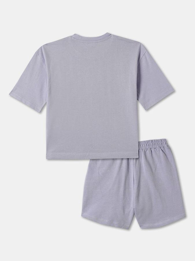 R&B Girls Purple Typography Printed Pure Cotton T-shirt With Shorts
