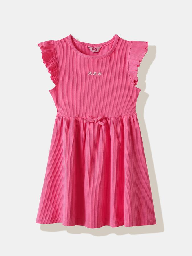 Girls Cotton Regular Fit Round Neck Ruffled Dress