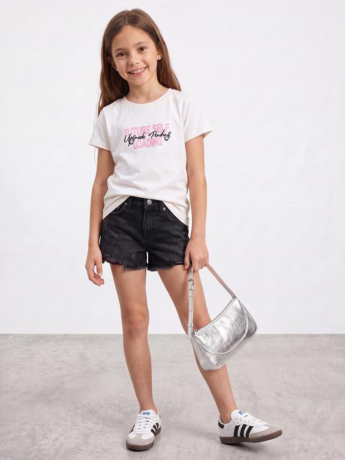 R&B Girls Snow White Typography Print Short Sleeves Round Neck Pure Cotton T-Shirt