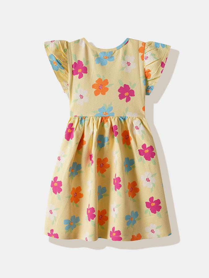 Girls Cotton Regular Fit Round Neck Ruffled Dress