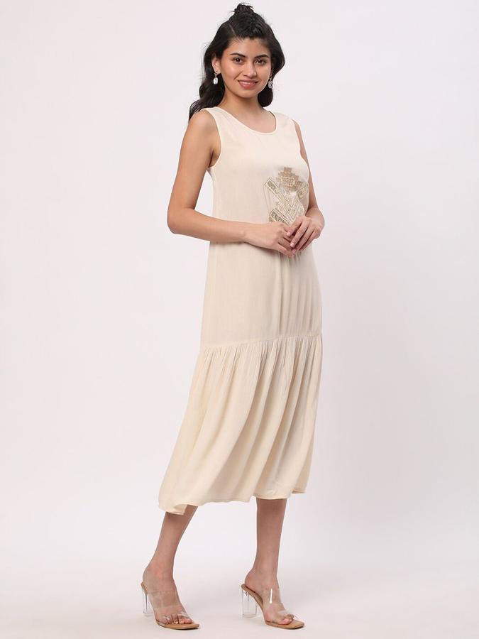 R&B Women Beige Embellished Sleeveless Round Neck Midi A-Line Ethnic Dress