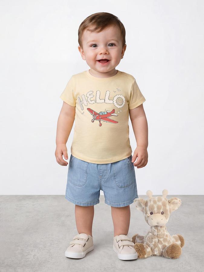 R&B Boys Yellow Short sleeve Round Neck Little Exlplorers Cute Graphics Soft Touch Pure Cotton T-Shirt