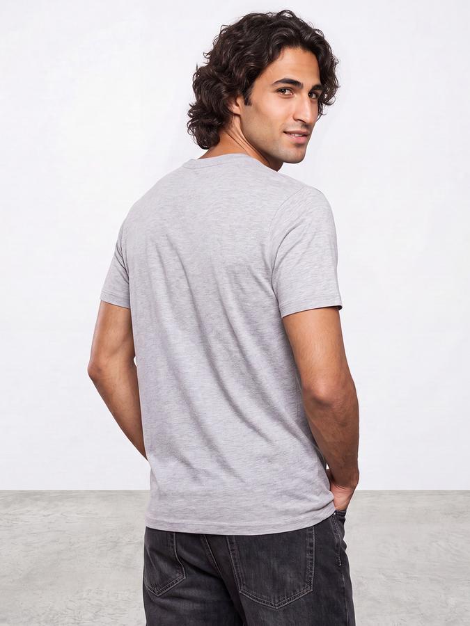 R&B Men Grey Melange Typographic Print Short Sleeves Pure Cotton Tshirt