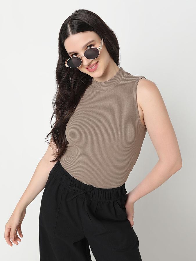 Women Viscose Slim Fit High Neck Ribbed Top