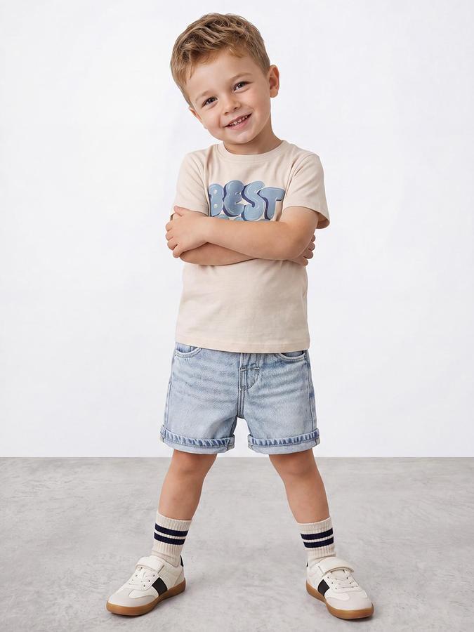 R&B Boys Light Beige Short Sleeve Round Neck Typography Graphic Print T-Shirt