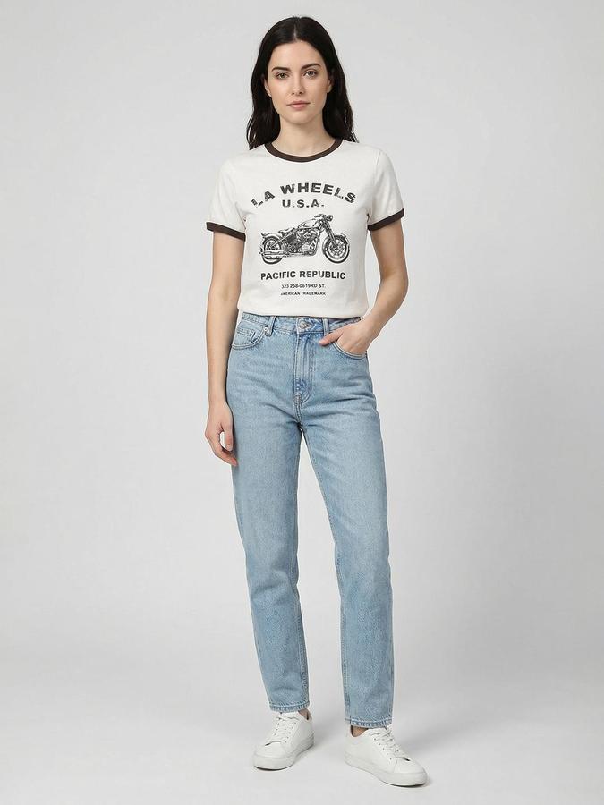 R&B Off White Printed Women Regular Fit Tshirt