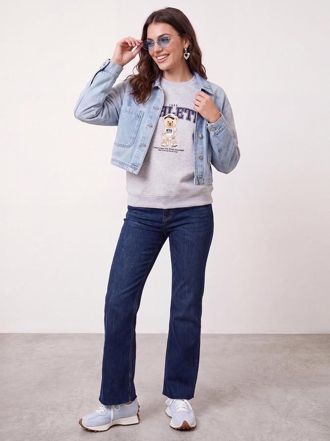 R&B Women Ecru Melange Graphic Print Round Neck Long Sleeves Sweatshirt