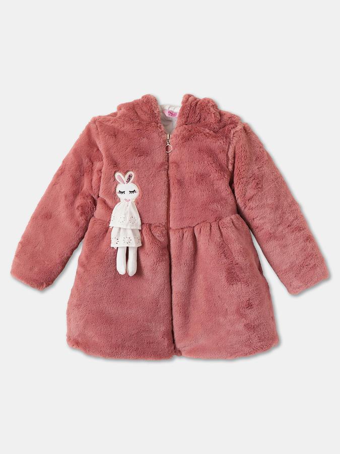 Girls Faux Fur Hooded Applique Zip Up Jacket