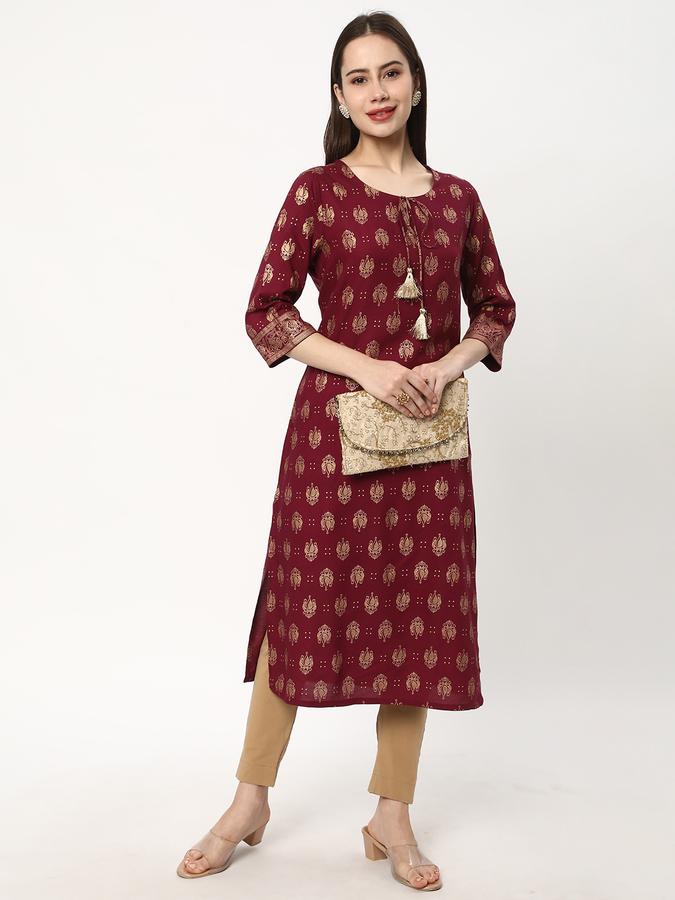 Women Rayon Regular Fit Tie Up Neck Printed Kurta