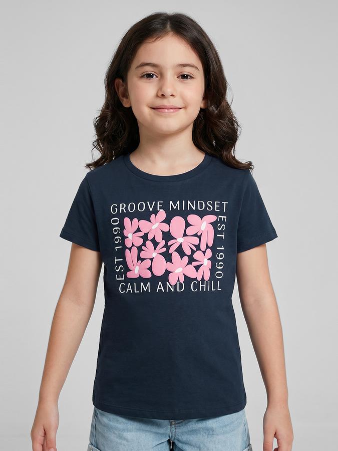 R&B Navy Blue Graphic Print Girls Round Neck Regular Fit Short Sleeves T-Shirt 