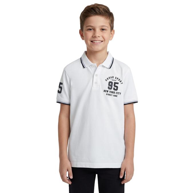R&B Boy White Cotton Printed Polo Collar T-Shirt