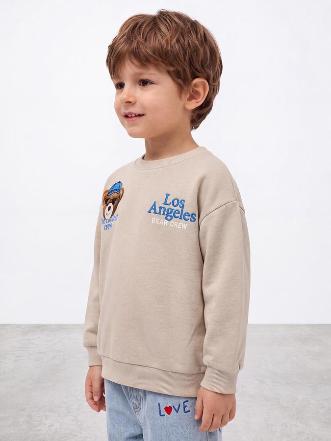 R&B Boys Beige Front & Back Teddy Print Round Neck Long Sleeves Regular Fit Sweatshirt