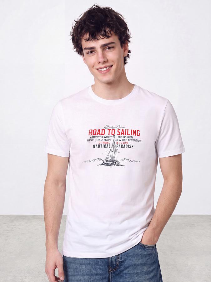 R&B Men White Graphic Print Short Sleeves Pure Cotton Tshirt