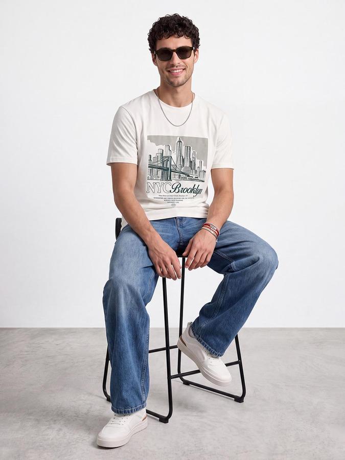 R&B Men Ivory Short Sleeve Round Neck Graphic Print T-Shirt