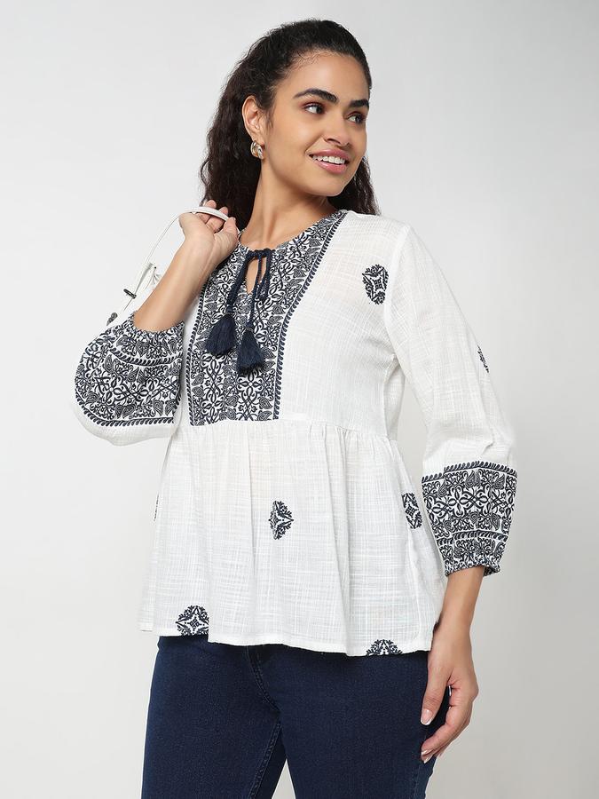 Women Cotton Blend Relaxed Fit Round Neck Embroidered Top