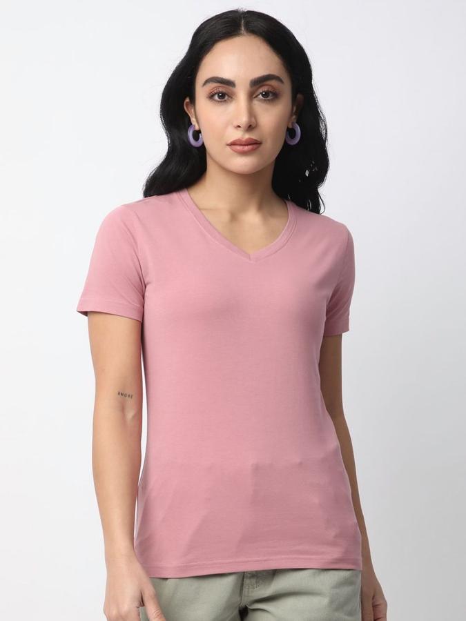 Women Cotton Regular Fit V-Neck Solid T-shirt