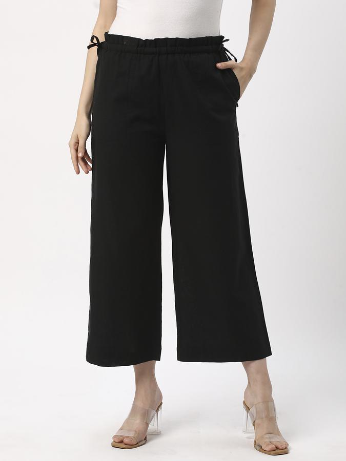 Women Cotton Culottes Drawstring Solid Trousers