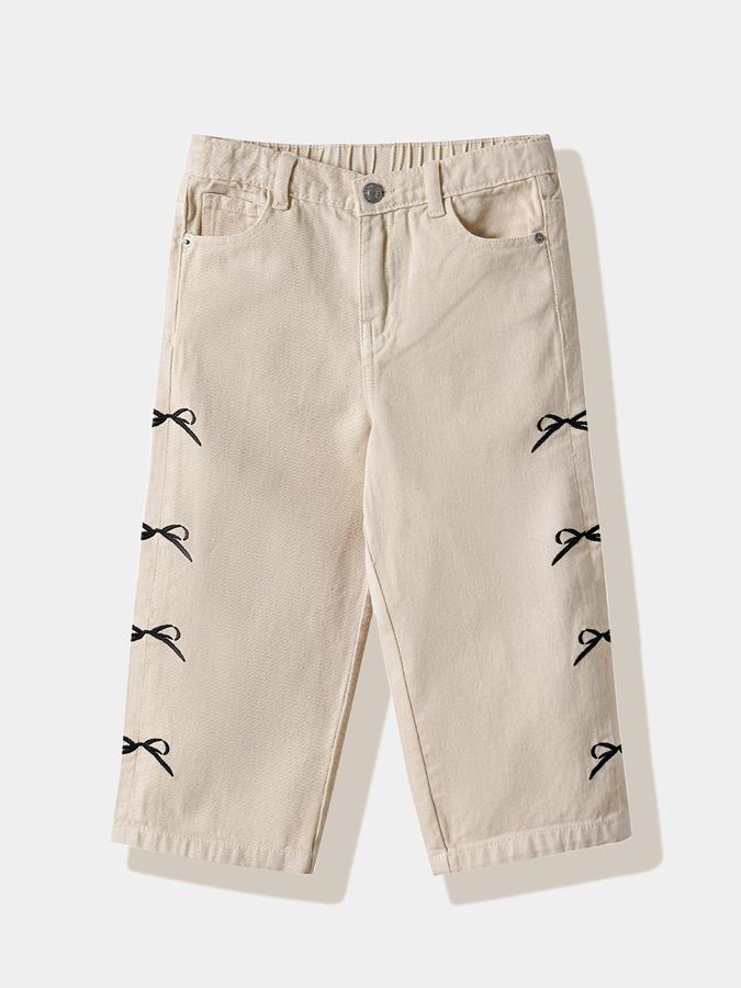 Girls Cotton Regular Fit Button Waist Bow Detail Trousers