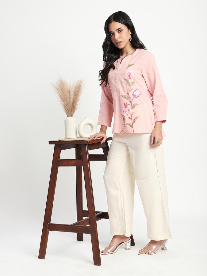 Women Viscose Regular Fit Mandarin Collar Embroidered Top