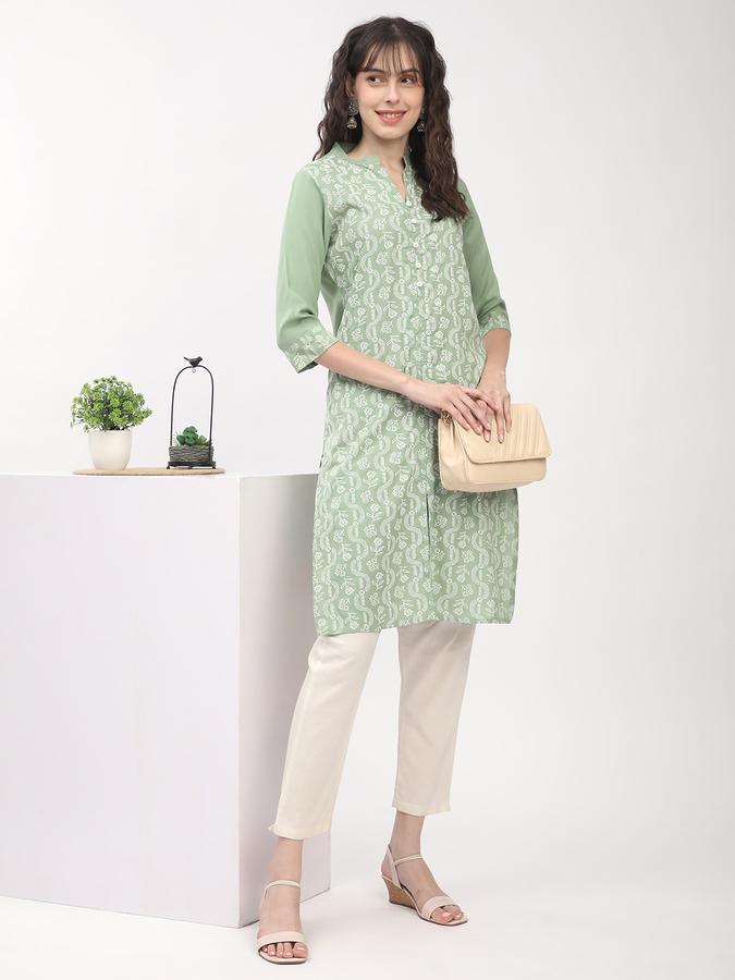 Women's regular fit casual green chikankari printed front button down straight kurta image number 1