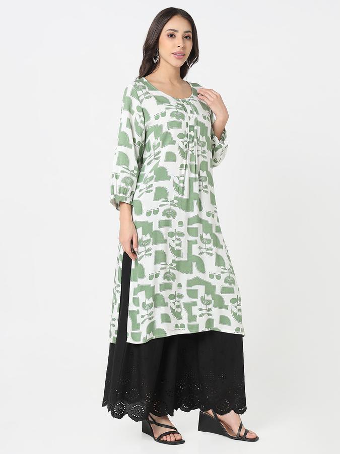 Women's regular fit casual green abstract geometric printed round neck straight kurta  image number 3