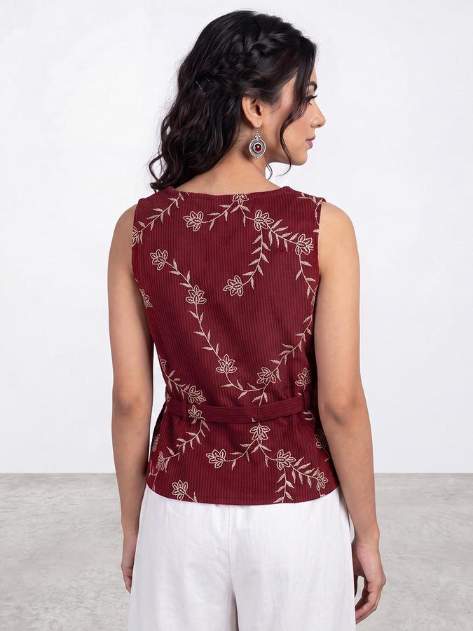 R&B Womens Maroon Square Neck Sleeveless Floral Embroidered Peplum Crop Top