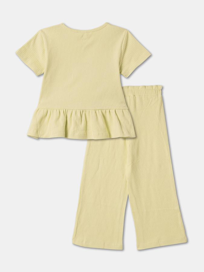 Girls Solid Short Sleeve Ribbed Top with Trousers Set