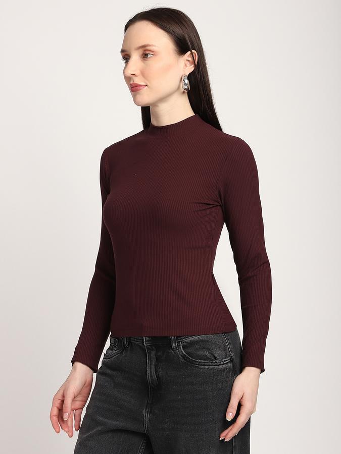 R&B Women Wine Solid Ribbed Top