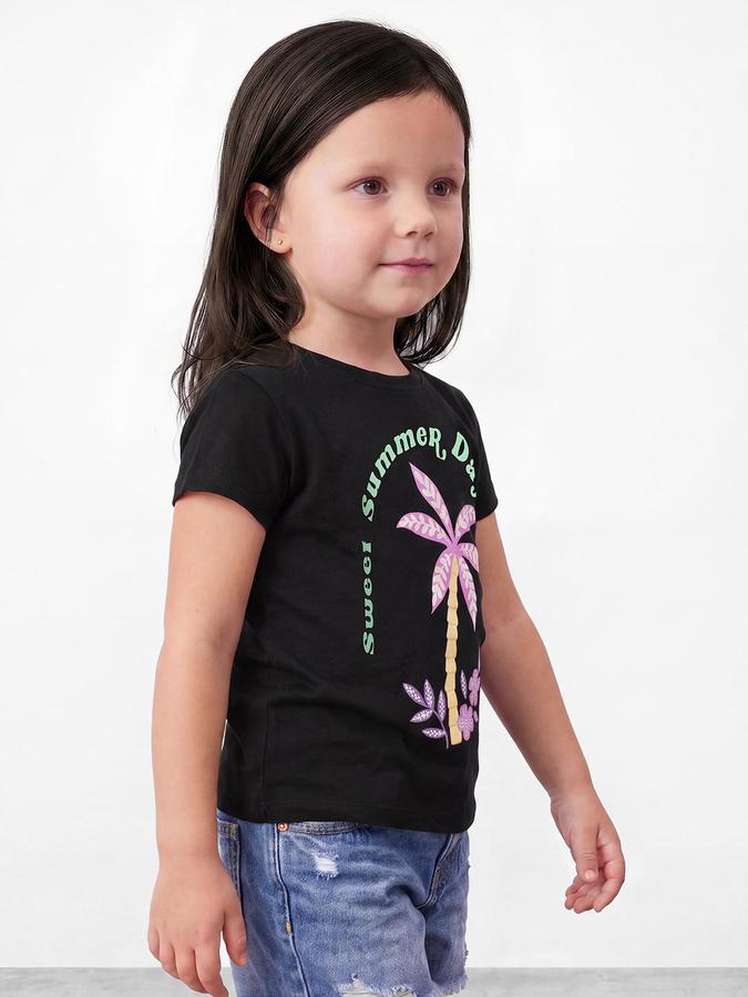 R&B Girls Black Beach Print Short Sleeves Round Neck Pure Cotton T-Shirt