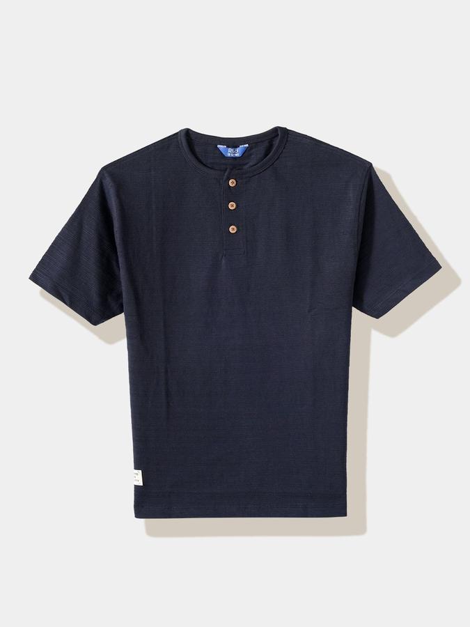 Boys Cotton Regular Fit Henley Self-Design T-shirt