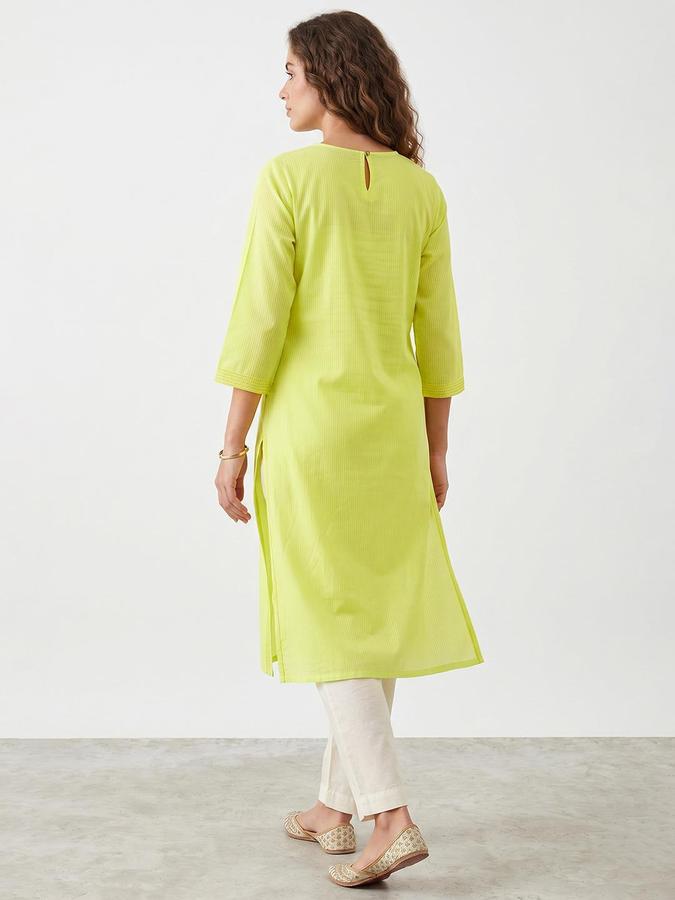 R&B Women Green Embroidered V-Neck Three-Quarter Sleeves Calf Length Straight Kurta 