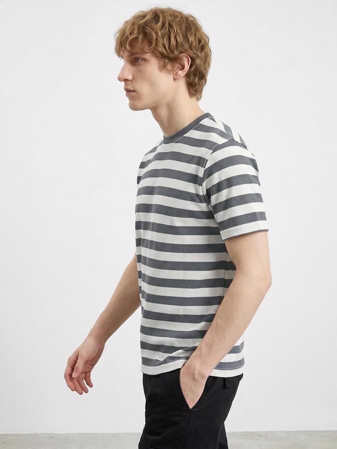 R&B Grey Men Striped Short Sleeves Tshirt