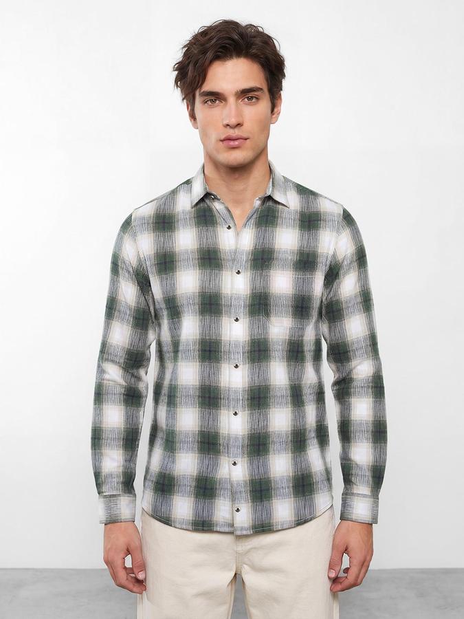 R&B Men Olive Windowpane Checks Spread Collar Long Sleeves Regular Fit Shirt