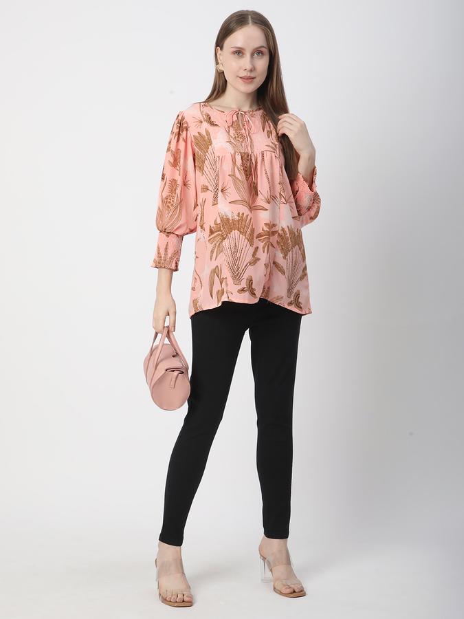 Women Crepe Relaxed Fit Tie Neck Printed Ethnic Top