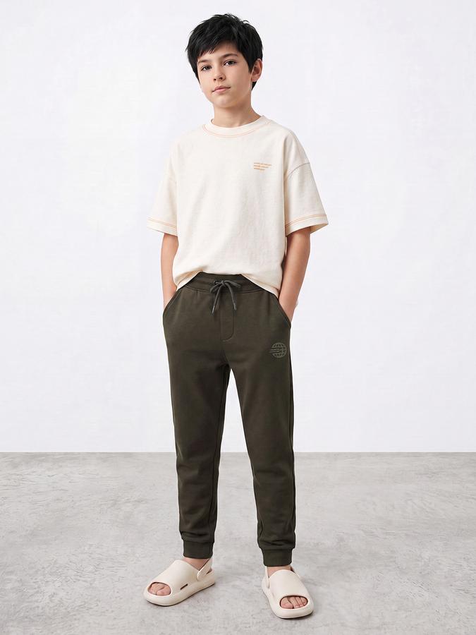 R&B Boys Olive Printed Pure Cotton Mid Rise Joggers