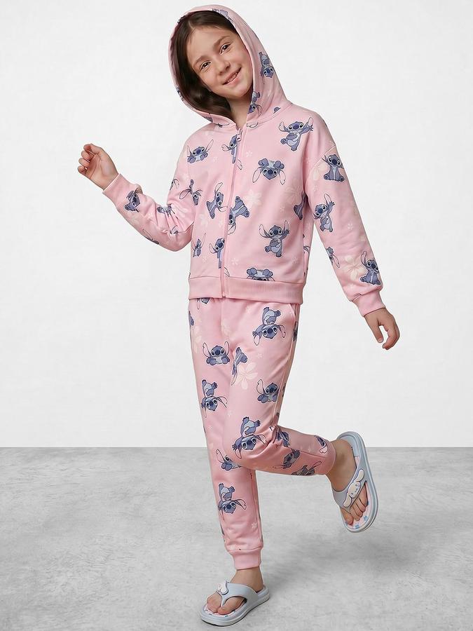 R&B Girls Pink Printed Long Sleeves Hooded Neck Sweatshirt& Joggers Set 