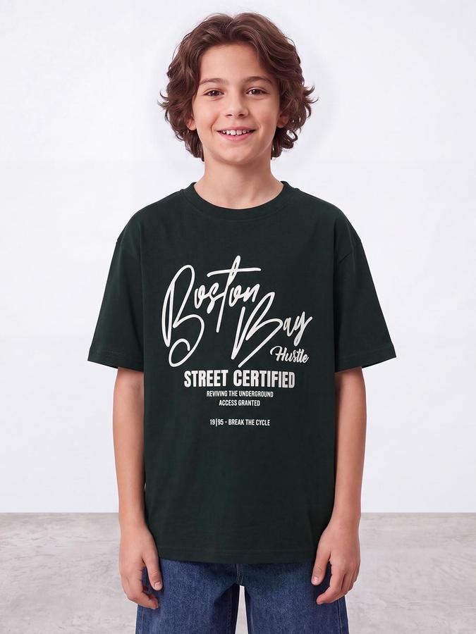 R&B Boys Green Short Sleeve Round Neck Typography Graphic Print T-Shirt