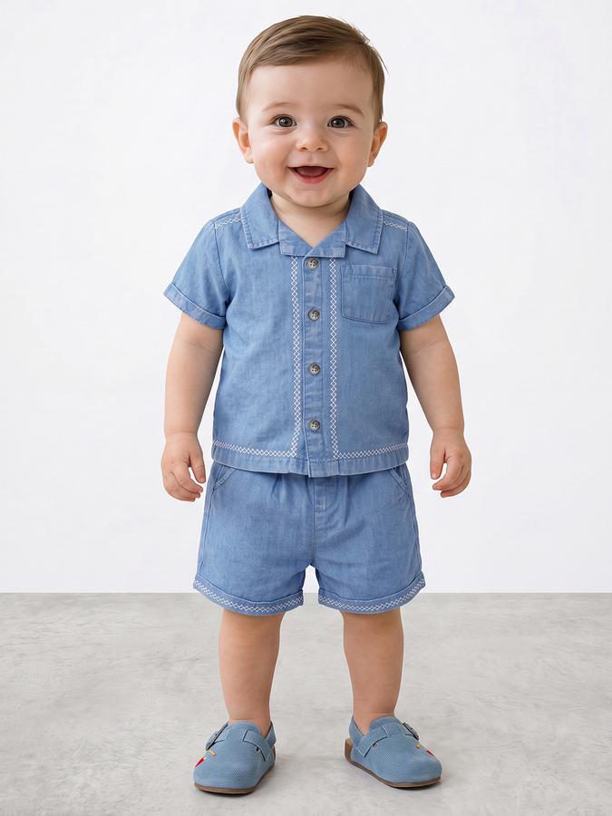 R&B Boys Blue Embroidered Shirt Collar Short Sleeve Pure Cotton Denim Shirt & Shorts Set