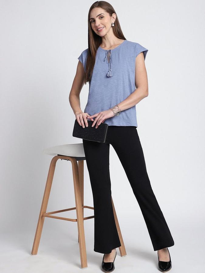 R&B Womens Blue Solid Round Neck Short Sleeves Top